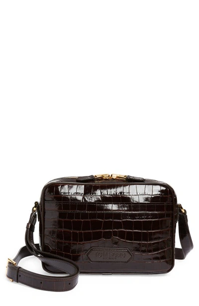 Shop Tom Ford Small Croc Embossed Leather Messenger Bag In Dark Wood
