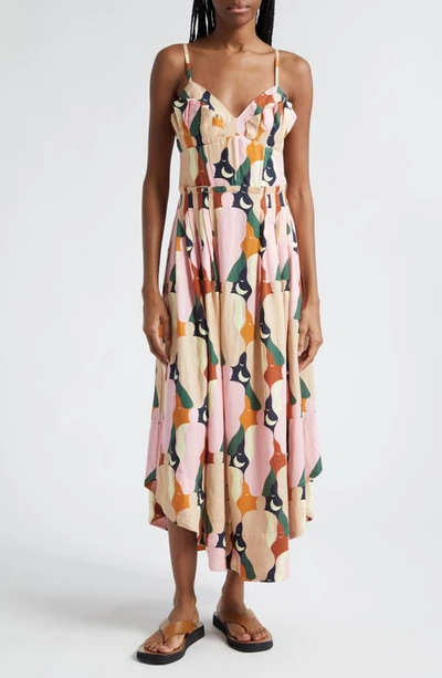 Shop Farm Rio The Kiss Pleated Linen Blend Tiered Dress In The Kiss Multicolor