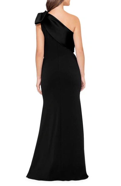 Betsy & Adam Satin Bow Crepe Mermaid Gown In Black