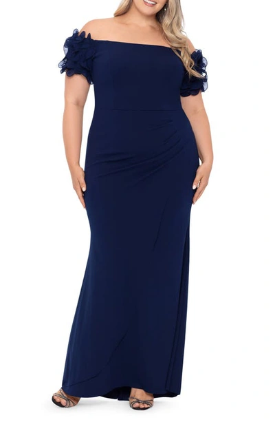 Shop Xscape Evenings Ruffle Sleeve Off The Shoulder Gown In Navy