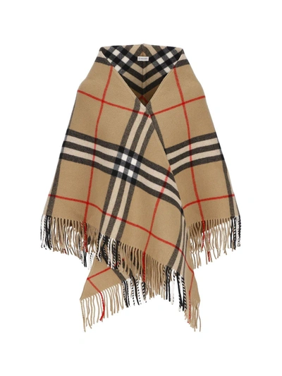 Shop Burberry Check Printed Fringed Cape In Beige