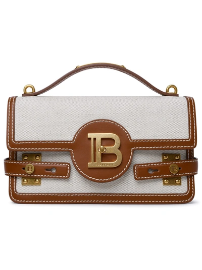 Shop Balmain B-buzz 24 Brown Leather And Fabric Bag In Beige