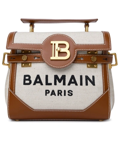Shop Balmain B-buzz 23 Brown Leather And Fabric Bag In Beige