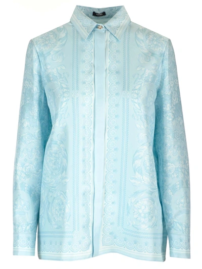 Shop Versace Twill Silk Shirt In Celeste