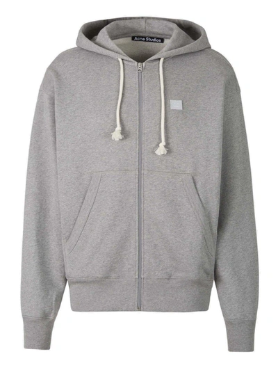 Shop Acne Studios Face Logo Patch Zipped Hoodie In Light Grey Melange