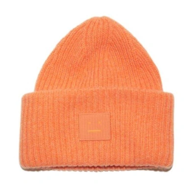 Shop Acne Studios Face Logo Patch Rib-knit Beanie In Mandarin Orange Melange