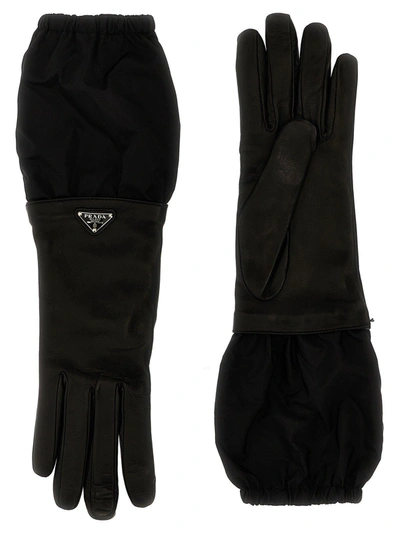 Shop Prada Enamel-logo Panelled Gloves In Nero 1