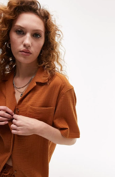 Shop Topshop Textured Cheesecloth Button-up Shirt In Rust