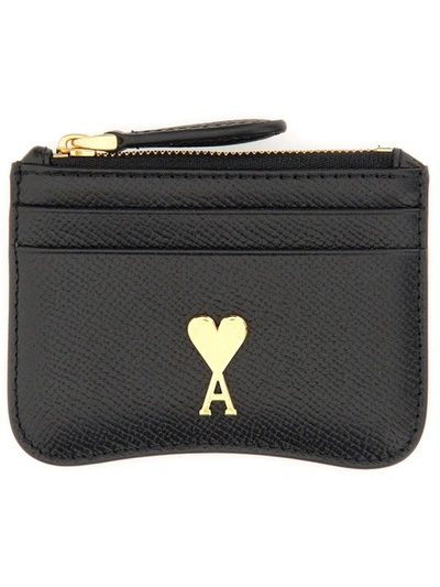 Shop Ami Alexandre Mattiussi Ami Paris Zippered Card Case "ami De Coeur" Unisex In Black