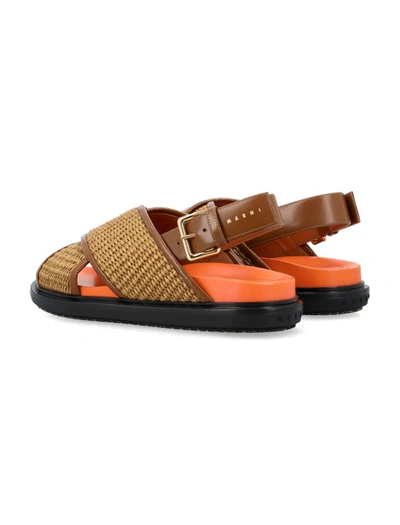 Shop Marni Raffia And Leather Criss-cross Fussbett Sandal In Raw Siena/dust Apricot