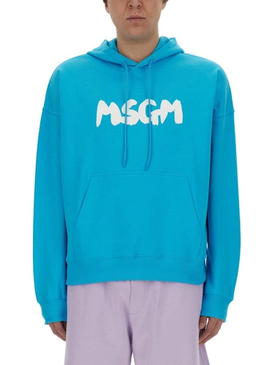 Shop Msgm Sweatshirt With Logo In Azure
