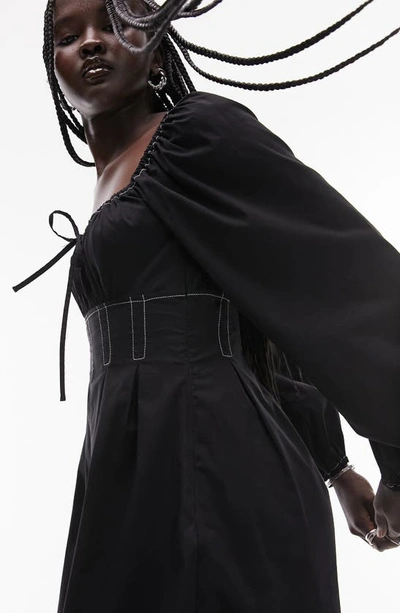 Shop Topshop Topstitch Long Sleeve Cotton Poplin Dress In Black