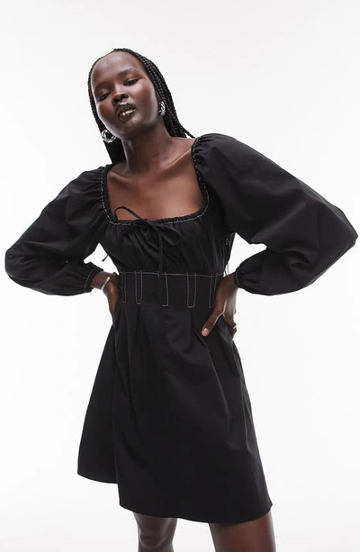 Shop Topshop Topstitch Long Sleeve Cotton Poplin Dress In Black