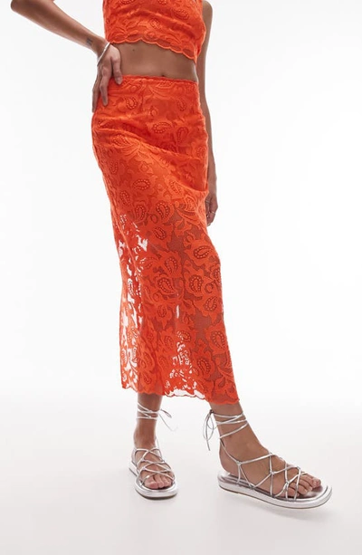 Shop Topshop Premium Lace Midi Skirt In Orange