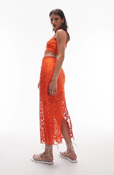 Shop Topshop Premium Lace Midi Skirt In Orange