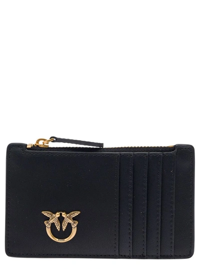 Shop Pinko 'airone' Black Card-holder With Logo Patch In Leather Woman