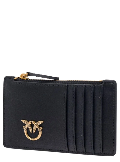 Shop Pinko 'airone' Black Card-holder With Logo Patch In Leather Woman