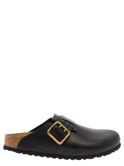 Shop Birkenstock 'boston Bold' Black Mules With Maxi Buckle In Leather Man