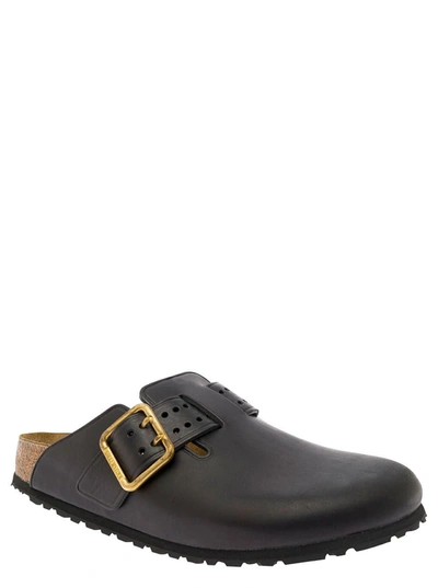 Shop Birkenstock 'boston Bold' Black Mules With Maxi Buckle In Leather Man