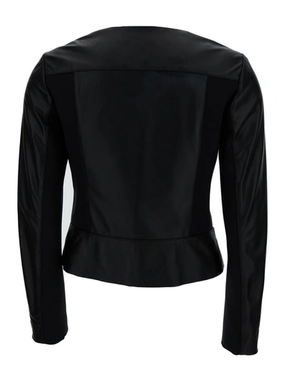 Shop Liu •jo Black Round Neck Biker Jacket In Leather Woman