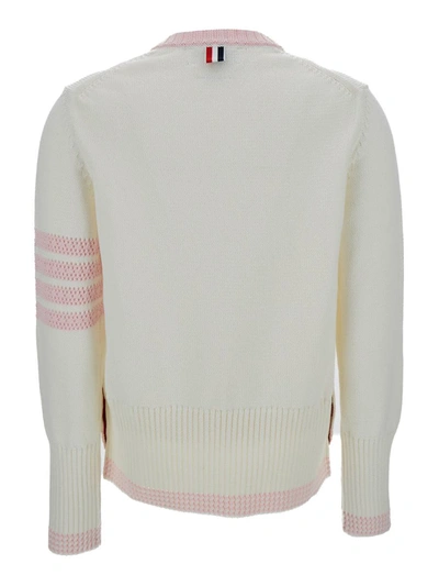 Shop Thom Browne Jersey Stitch Crew Neck Pullover In Cotton W/ Pointelle 4 Bar Stripe In White
