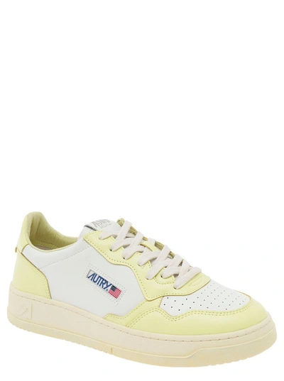 Shop Autry 'medalist' White And Yellow Low Top Sneakers With Logo Detail In Leather Man In Grey