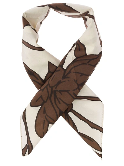 Shop Brunello Cucinelli Brown And White Scarf With Floreal Print In Cotton Woman