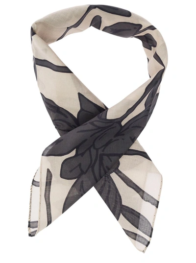 Shop Brunello Cucinelli Black And White Scarf With Floreal Print In Cotton Woman