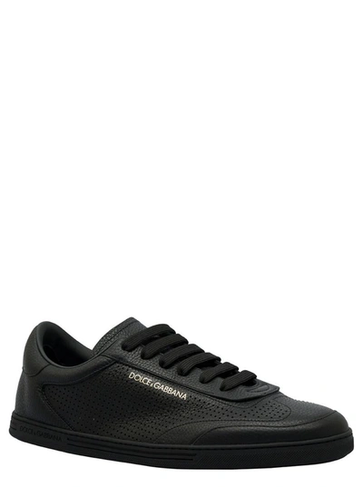 Shop Dolce & Gabbana Black Low Top Perforated Sneakers With Logo Detail In Leather Man In Beige