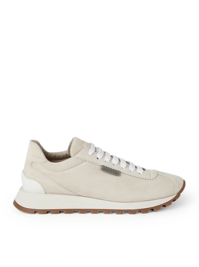 Shop Brunello Cucinelli Suede Runners With Shiny Tab In Nude & Neutrals