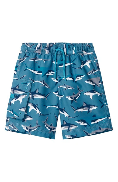Shop Hatley Kids' Sneak Around Sharks Swim Trunks In Blue