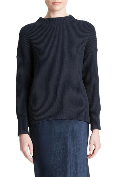 Shop Vince Cotton & Cashmere Rib Funnel Neck Sweater In Navy
