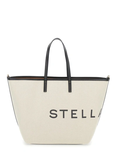Shop Stella Mccartney White Tote Bag With Contrasting Logo Lettering In Cotton Blend Woman In Beige