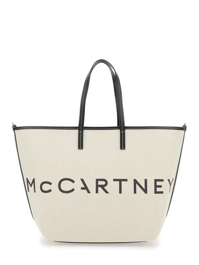 Shop Stella Mccartney White Tote Bag With Contrasting Logo Lettering In Cotton Blend Woman In Beige