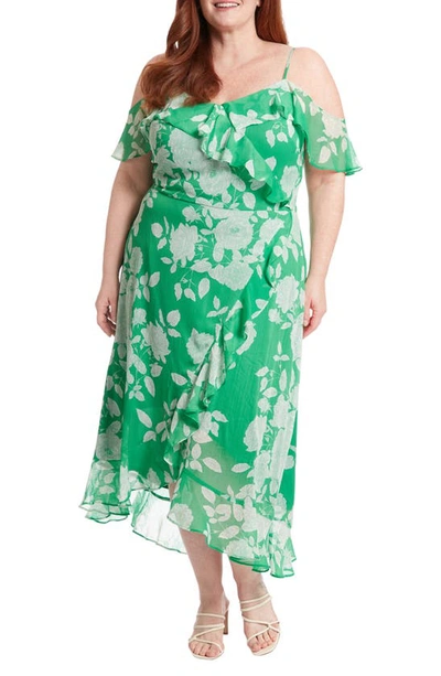 Shop London Times Floral Ruffle Cold Shoulder Dress In Green/ Ivory
