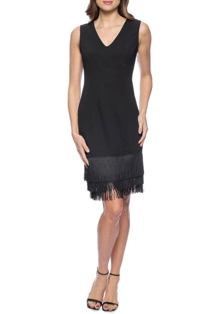 Shop Marina V-neck Fringe Sheath Dress In Black