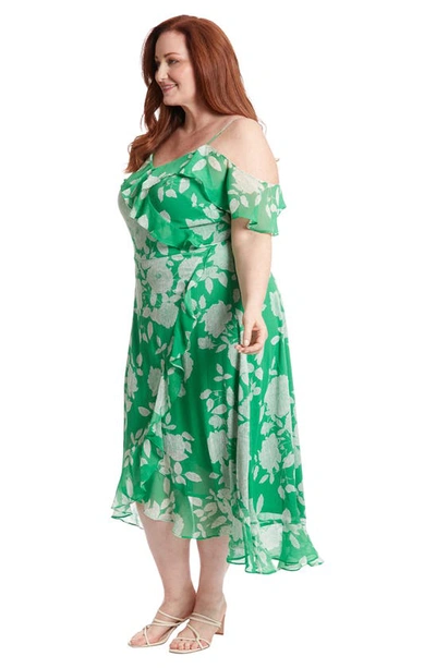 Shop London Times Floral Ruffle Cold Shoulder Dress In Green/ Ivory