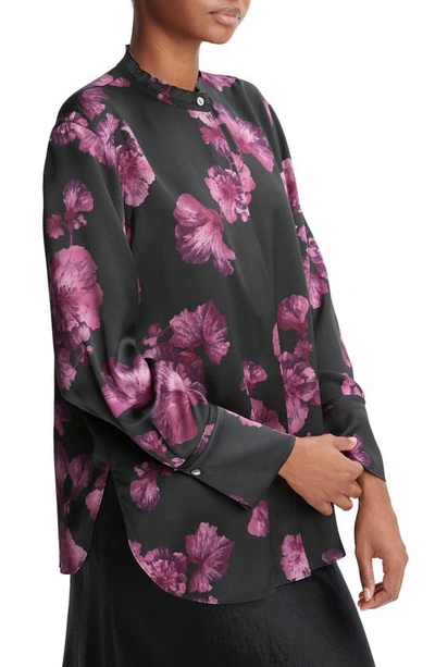 Shop Vince Begonia Print Raw Neck Silk Blouse In Wine