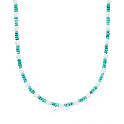 Ross-simons Turquoise Bead And 6-6.5mm Cultured Pearl Necklace With Sterling Silver In Multi