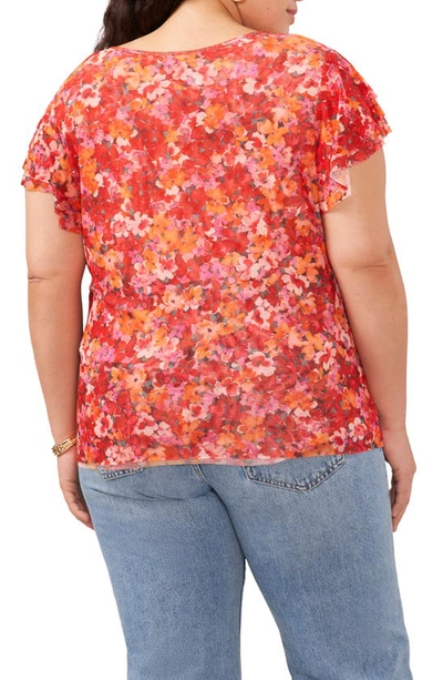 Shop Vince Camuto Floral Flutter Sleeve Mesh T-shirt In Tulip Red