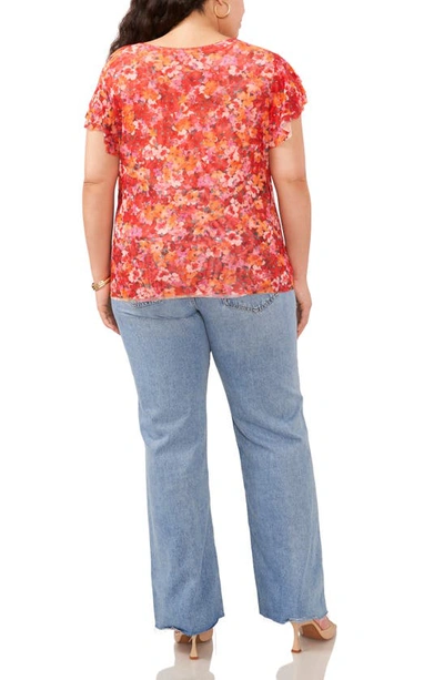 Vince Camuto Floral Flutter Sleeve Mesh T-shirt In Tulip Red
