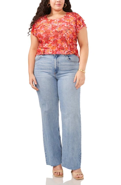 Vince Camuto Floral Flutter Sleeve Mesh T-shirt In Tulip Red