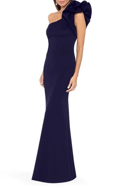 Shop Betsy & Adam Ruffle One-shoulder Trumpet Gown In Navy