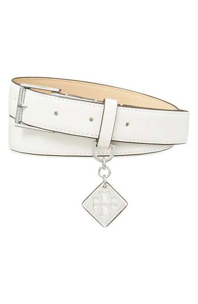 Shop Tory Burch Swing Leather Belt In Optic White