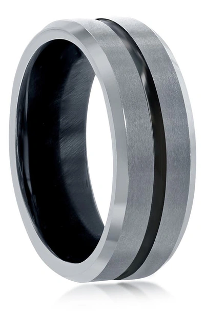 Blackjack Matte & Polished Silver And Black Stripe Tungsten Ring In Silver/black