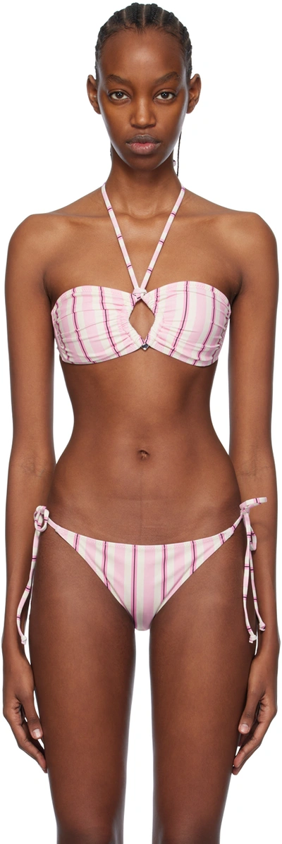 Shop Ganni White & Pink Striped Bikini Top In 854 Fiji Flower