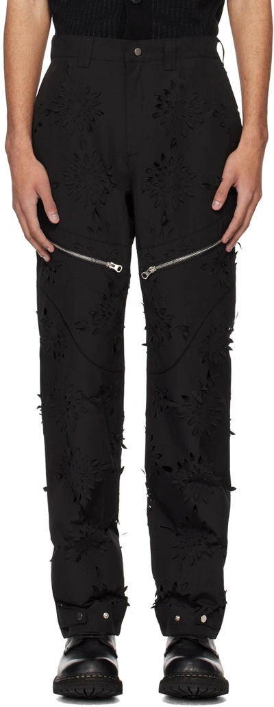 Juntae Kim Black Laser-slashed Flower Trousers In Black