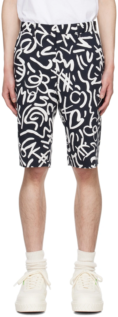 Shop Moschino Navy & White Printed Shorts In A1555