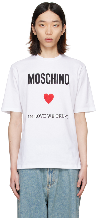 Shop Moschino White Embroidered T-shirt In J1001
