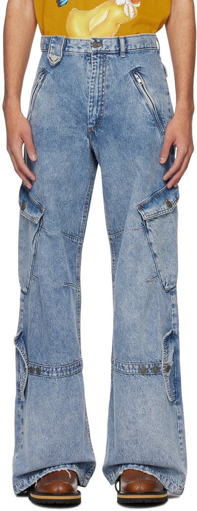 Shop Egonlab Blue Cargo Pocket Jeans In Blue Acid Washed